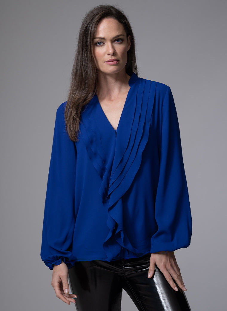 VICTORIA SAPPHIRE BLUE RUFFLED EVENING BLOUSE