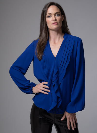 VICTORIA SAPPHIRE BLUE RUFFLED EVENING BLOUSE