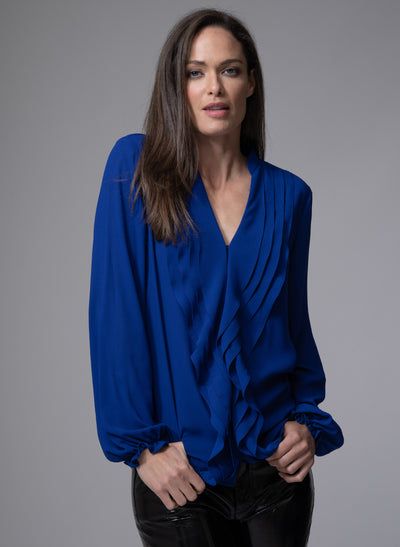 VICTORIA SAPPHIRE BLUE RUFFLED EVENING BLOUSE