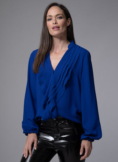 VICTORIA SAPPHIRE BLUE RUFFLED EVENING BLOUSE