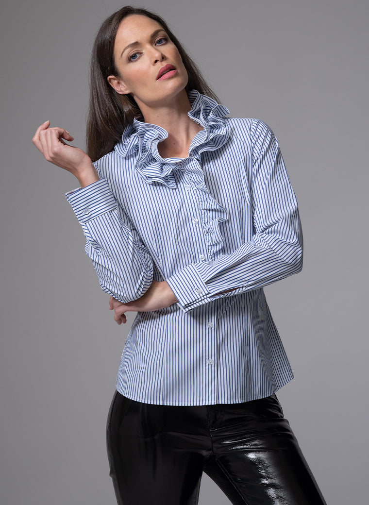 WILLOW MIDNIGHT & WHITE STRIPE RUFFLE COLLAR SHIRT