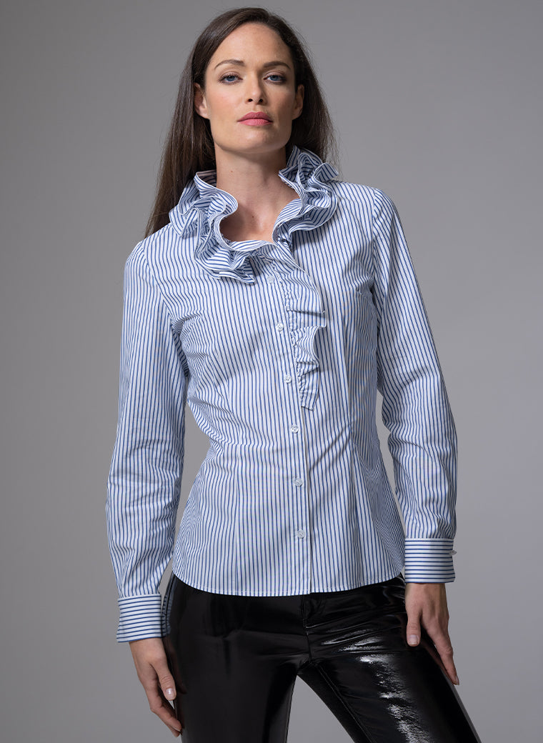 WILLOW MIDNIGHT & WHITE STRIPE RUFFLE COLLAR SHIRT