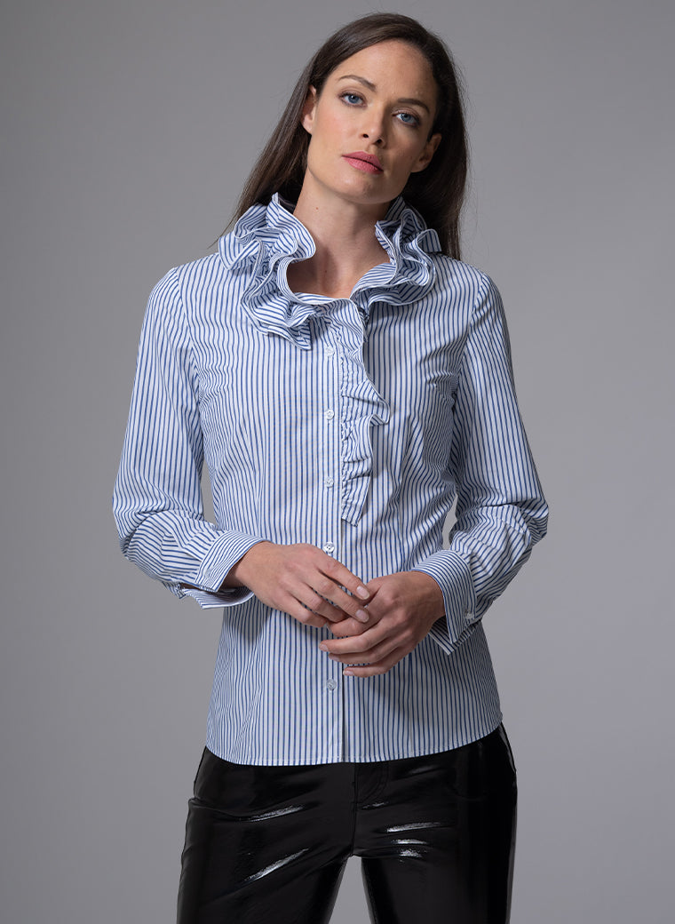 WILLOW MIDNIGHT & WHITE STRIPE RUFFLE COLLAR SHIRT