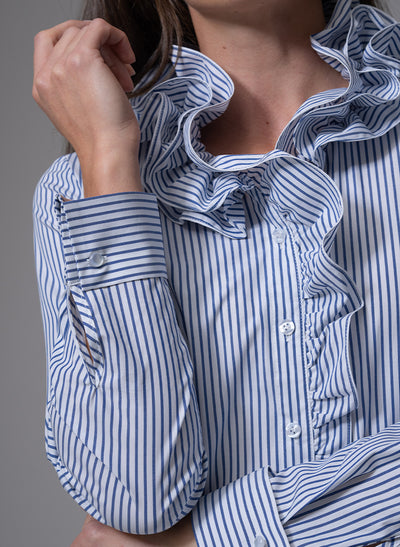 WILLOW MIDNIGHT & WHITE STRIPE RUFFLE COLLAR SHIRT
