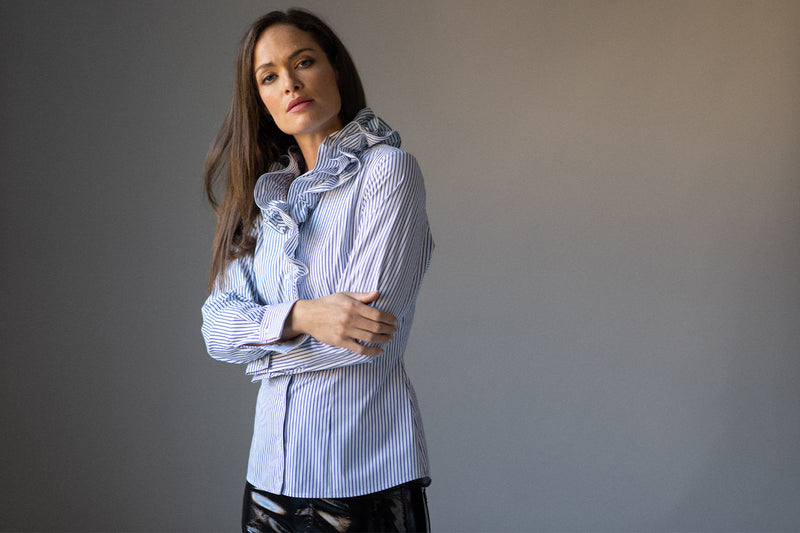 WILLOW MIDNIGHT & WHITE STRIPE RUFFLE COLLAR SHIRT