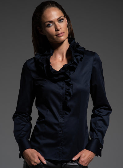 Willow navy frilled collar shirt viewed from the front