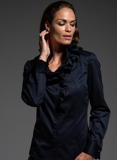 Willow navy frilled collar long sleeve shirt viewed from the front